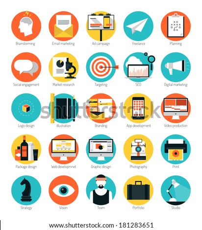 Flat design icons set modern style vector illustration concept of web development service, social media marketing, graphic design, business company branding items and advertising elements.