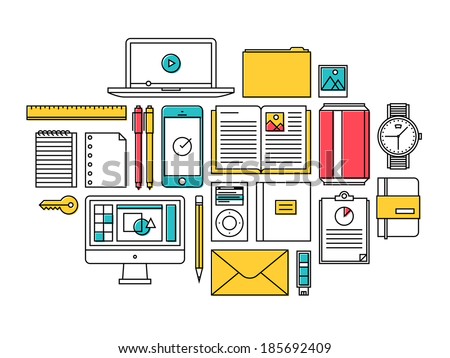 Flat design thin line icons set modern style vector illustration of trendy everyday objects, office supplies and business items for daily usage, designer workflow equipment and desk elements. 