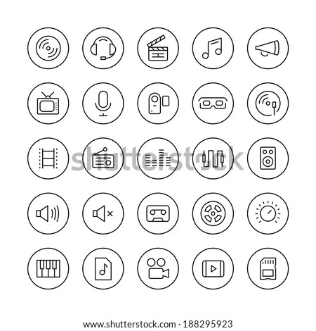 Flat thin line icons set modern design style vector collection of multimedia symbols, sound and music instruments, audio and video items and objects. Isolated on white background.  