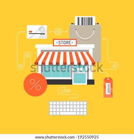 Online shopping and e-commerce concept, web store market with purchasing product process via internet. Flat design style modern vector illustration. Isolated on stylish background.