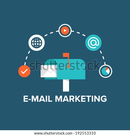 Concept of direct digital marketing, e-mail advertising communication, newsletter promotion campaign. Flat design style modern vector illustration concept. Isolated on stylish background.  