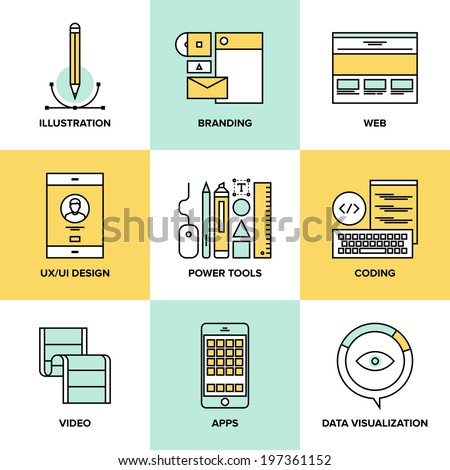 Flat line icons set of website user interface design, web page coding and  programming, mobile apps development, branding and data visualization. Flat design style modern vector illustration concept.