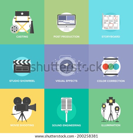 Flat icons set of professional film production, movie shooting, studio showreel, actor casting, storyboard writing, visual effects, post production. Flat design modern vector illustration concept.