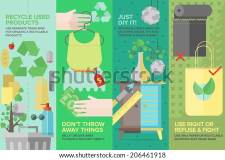 Flat banner set of second-hand clothing, used goods and products, recycling waste and old items for ecology protection, diy furniture and things. Flat design style modern vector illustration concept.