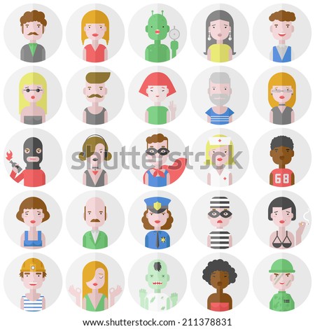 Stylish male and female iconic people characters collection of various occupation, profession and other social individuals portrait. Flat design style modern vector illustration icons set.
