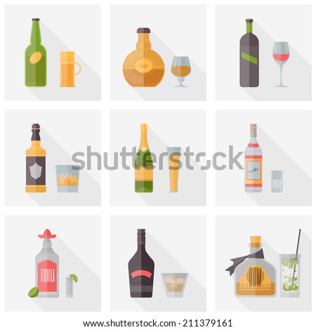 Flat icons set of popular various alcoholic beverages with glasses. Flat design style vector illustration symbol collection. Isolated on white background.  