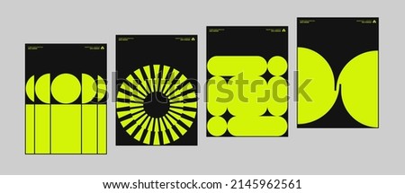 Swiss-style inspired poster design graphics layout collection made with Helvetica typography and minimalist geometric forms and abstract vector shapes. 