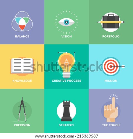 Creative design process concept with web studio development elements, business vision, marketing strategy, smart solution and success ideas. Flat design icons modern style vector illustration set.