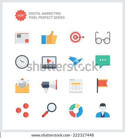 Pixel perfect flat icons set of digital marketing symbol, business development items, social media objects and office equipment. Flat design style modern pictogram collection.