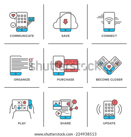 Flat line icons set of everyday smartphone apps using, lifestyle mobile communication, online store shopping, software update. Modern trend design style vector concept. Isolated on white background.