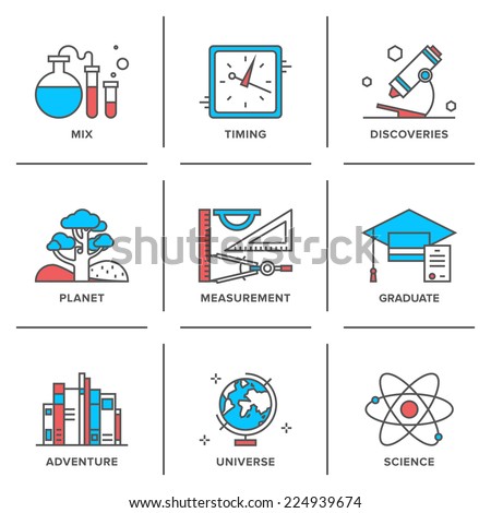 Flat line icons set of discovery new things, school measurement items, science and chemistry, planet adventure, planet geography. Modern trend design style vector concept. Isolated on white background