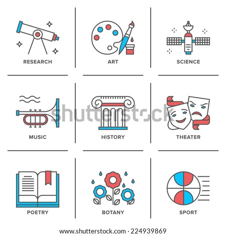 Flat line icons set of education main subjects, schooling symbol and learning elements, studying and educational objects. Modern trend design style vector concept. Isolated on white background.