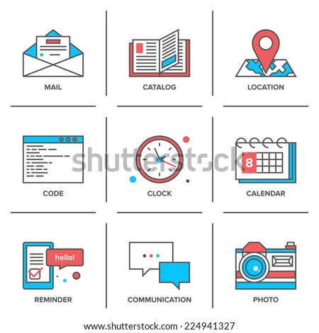 Flat line icons set of office objects, business items, working elements, desk supplies, everyday equipment. Modern trend design style vector concept. Isolated on white background.