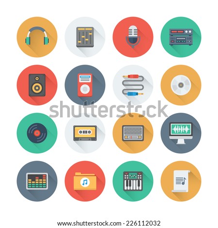 Pixel perfect flat icons set with long shadow effect of sound symbols and studio equipment, music instruments,  audio and multimedia objects. Flat design style modern pictogram collection. 