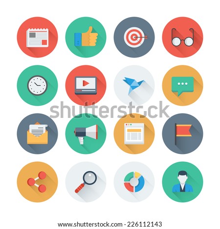 Pixel perfect flat icons set with long shadow effect of digital marketing symbol, business development items, social media objects and office equipment. Flat design style modern pictogram collection.