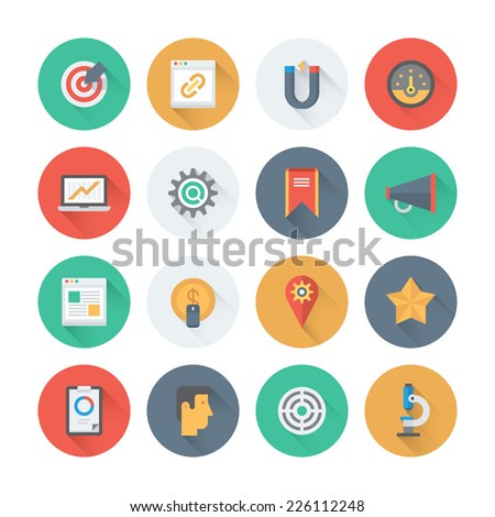 Pixel perfect flat icons set with long shadow effect of website searching engine optimization, seo analytics and data management, webpage traffic development. Flat design modern pictogram collection.