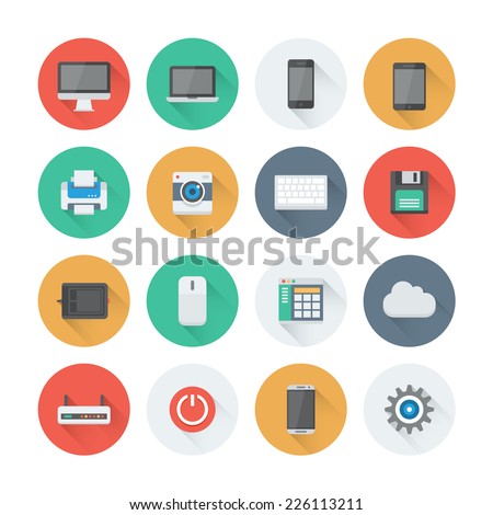 Pixel perfect flat icons set with long shadow effect of computer technology and electronics devices, mobile phone communication and digital products. Flat design style modern pictogram collection. 