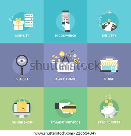 Flat icons set of online shopping services, e-commerce checkout payments, add to cart elements, worldwide delivery, web commerce search optimization. Flat design modern vector illustration concept.