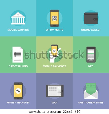 Flat icons set of  mobile payments and internet purchasing, direct money transfer, online banking on smartphone, near field communication service. Flat design style modern vector illustration concept.