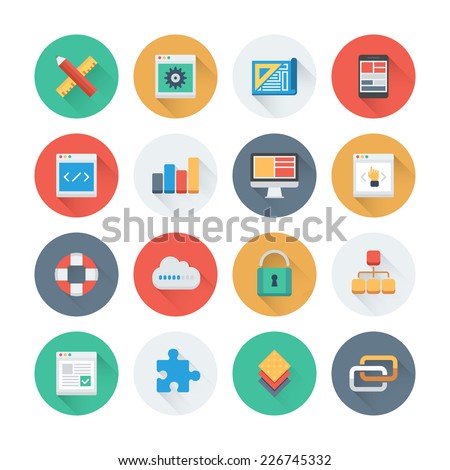 Pixel perfect flat icons set with long shadow effect of web development and website programming process, webpage coding and user interface creating. Flat design style modern pictogram collection. 