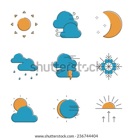 Abstract icons of local current weather conditions, including temperature, rain, wind speed, cloud, atmospheric pressure. Unusual flat design line icons set unique art vector illustration concept.