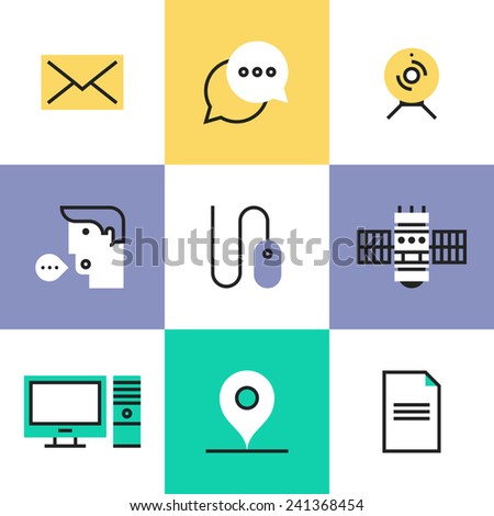 Flat line icons of modern communication technology for business, computer interface elements, social networking connection. Infographic icons set, logo abstract design pictogram vector concept.