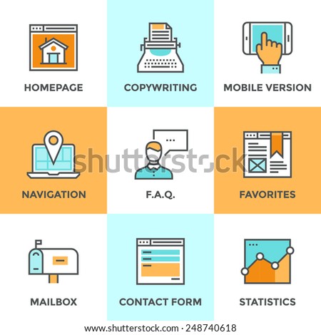 Line icons set with flat design of website main elements and page features, web site mobile version, navigation pin, contact form and internet analytics. Modern vector pictogram collection concept.