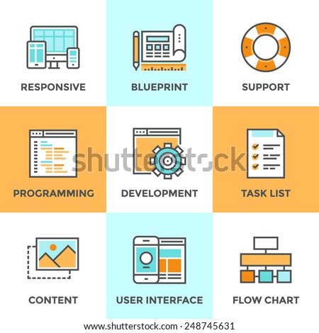 Line icons set with flat design elements of responsive web development service, website programming process, webpage coding and user interface creating. Modern vector pictogram collection concept. 