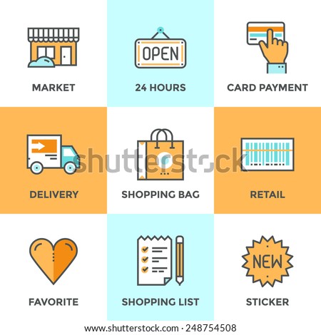 Line icons set with flat design elements of retail services and market goods selling, shopping and buying products, logistics services and price scanning. Modern vector pictogram collection concept.  