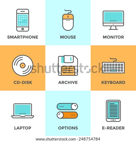 Line icons set with flat design elements of various technology devices and objects using for entering, reading and saving information. Modern vector pictogram collection concept. 