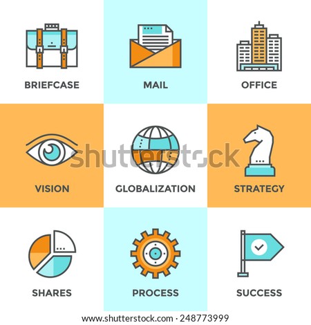 Line icons set with flat design elements of business effective solution, success tactics and strategy decision, globalization and internet communication. Modern vector pictogram collection concept. 