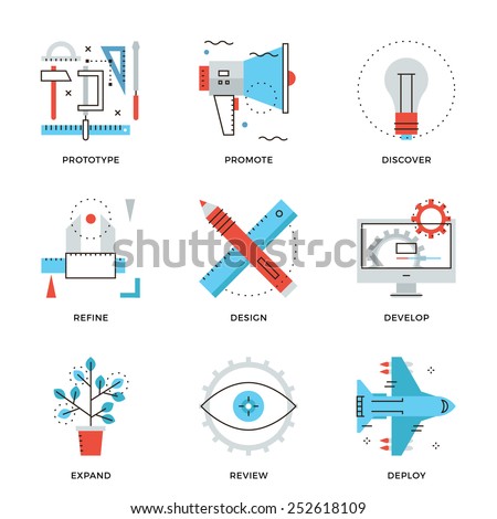 Thin line icons of graphic design production, web product development service, prototype engineering, marketing promotion. Modern flat line design element vector collection logo illustration concept.