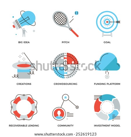 Thin line icons of crowd funding service, investing platform for creative project, startup model and community ideas. Modern flat line design element vector collection logo illustration concept.