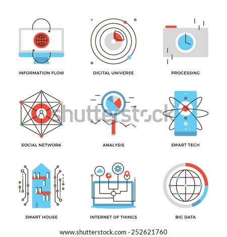 Thin line icons of internet of things technologies, big datum analysis, smart tech and futuristic communication processing. Modern flat line design element vector collection logo illustration concept.