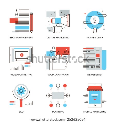 Thin line icons of digital marketing, video advertising, social media campaign, newsletter promotion, website optimization. Modern flat line design element vector collection logo illustration concept.