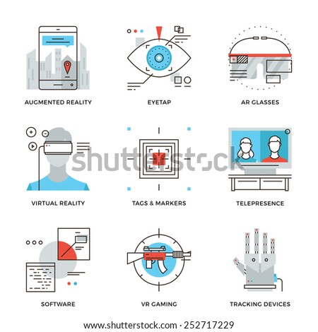 Thin line icons of virtual reality innovation technologies, AR glasses, head-mounted display, VR gaming and tracking device. Modern flat line design element vector collection logo illustration concept