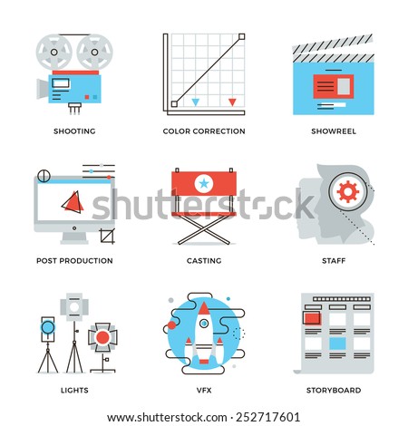 Thin line icons of video production process, professional movie postproduction, actors casting, storyboard writing. Modern flat line design element vector collection logo illustration concept.
