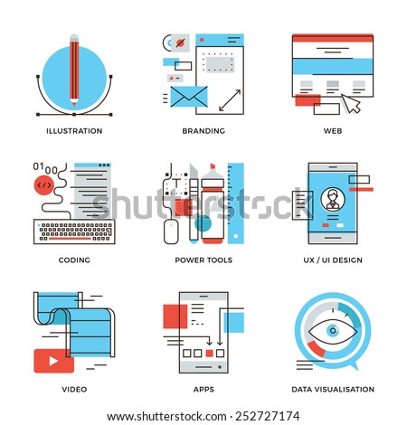 Thin line icons of creative graphic design, branding identity, mobile apps develop, UI UX user interface, website coding. Modern flat line design element vector collection logo illustration concept.