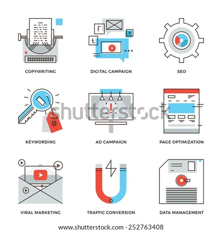 Thin line icons of digital marketing campaign, video viral advertising, text copywriting, website SEO optimization. Modern flat line design element vector collection logo illustration concept.