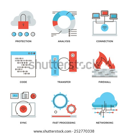 Thin line icons of cloud computing network connection, big data transfer, firewall protection, wireless communication. Modern flat line design element vector collection logo illustration concept.
