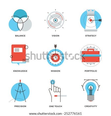 Thin line icons of creative design process, agency studio development, business vision, marketing strategy, smart solution. Modern flat line design element vector collection logo illustration concept.