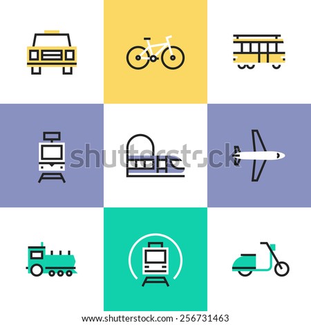 Flat line icons of various city transport, public transportation movement, carriage passenger by rail and air travel. Infographic icons set, logo abstract design pictogram vector concept.
