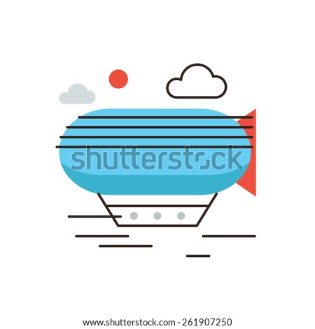 Thin line icon with flat design element of horizon discoveries, inspiring dream, exploratory mission, traveling by airship, opening unknown. Modern style logo vector illustration concept.