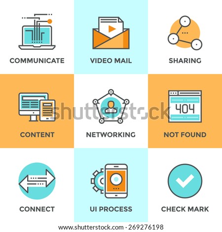 Line icons set with flat design elements of people networking communication, video mail content, user connect arrows, sharing media information. Modern vector logo pictogram collection concept.
