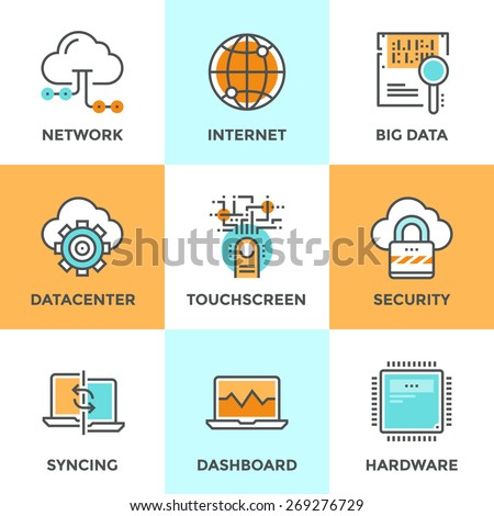 Line icons set with flat design elements of cloud computing network, big data analysis, internet security, syncing computer, datacenter connection. Modern vector logo pictogram collection concept.