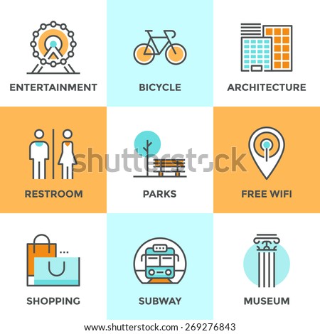 Line icons set with flat design elements of city architecture, landmark entertainment, place for rest, park with free wifi hotspot, people restroom. Modern vector logo pictogram collection concept.