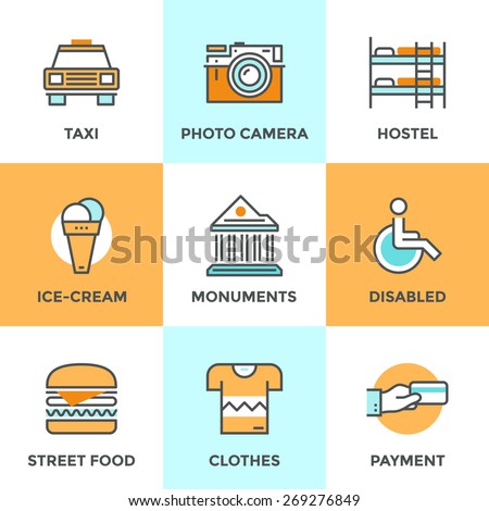 Line icons set with flat design elements of city taxi, street food, environment for people with disabilities, accommodation in hostel. Modern vector logo pictogram collection concept.