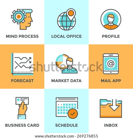 Line icons set with flat design elements of business workflow, people mind process, market data forecast, local office pin mark, work schedule graphic. Modern vector logo pictogram collection concept.