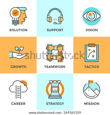 Line icons set with flat design elements of success business metaphor, marketing vision, customer support, idea solution, career ladder, startup growth. Modern vector logo pictogram collection concept