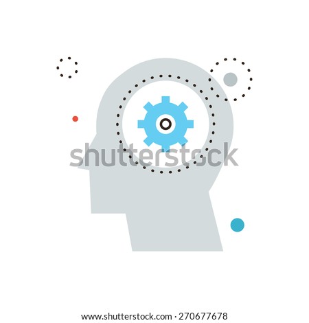 Thin line icon with flat design element of think decision, human head, gain knowledge, work of brain, process of thinking, develop mind. Modern style logo vector illustration concept.